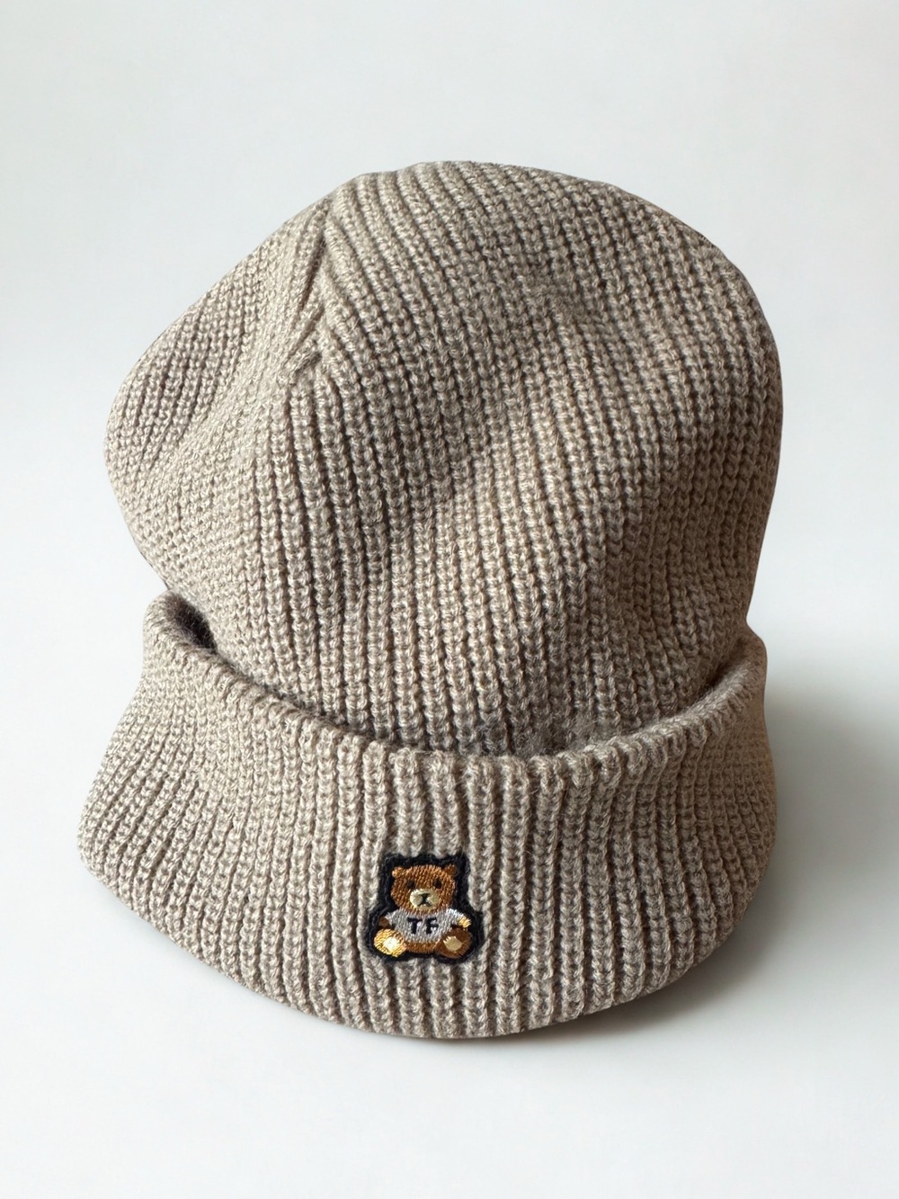 Teddy Fresh Classic Rib Knit Beanie Hat Beige Oatmeal TF Bear Logo OS